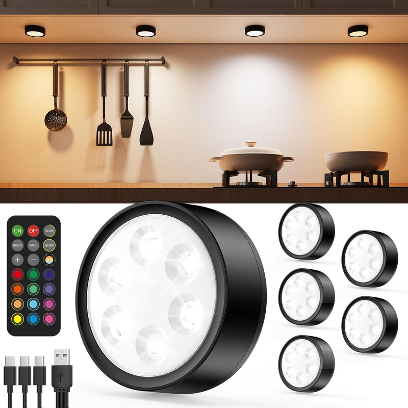 Rechargeable Under Cabinet Puck Lights with Remote Control, Black 2400mAh Battery Operated Push Button Light Stick On Magnetic Tap Lights Wireless Color Changing Touch Light for Closet Kitchen Counter 8 RGBCW