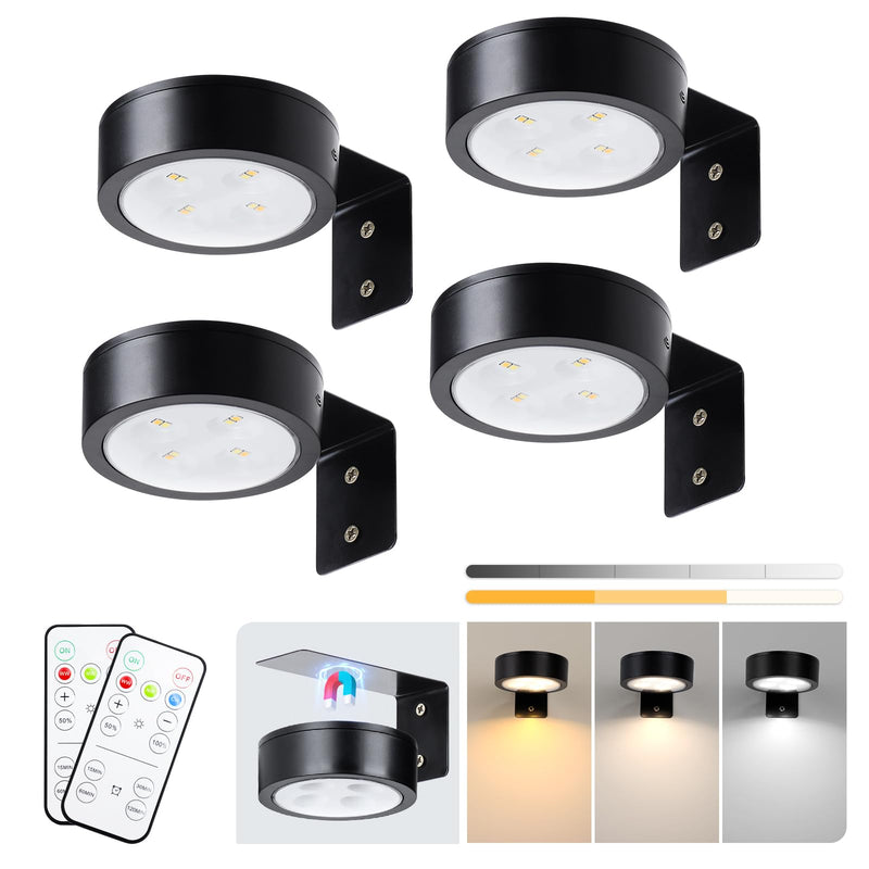 4-Pack Picture Light Battery Operated with Remote, Led Lights Dimmable and Timer Painting Light, Art Display Light for Picture Frame Artworking Portrait, Home Wall Decor Puck Lights, Black Black 4 Pack
