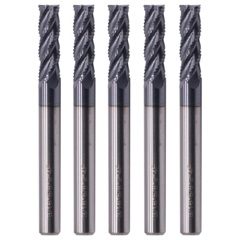 5Pcs 3/16" 4 Flute Solid Carbide Roughing End Mill, ALCrSiN Nano Coated | 35 Degree Helix, 3/16" Cutting Diameter, 3/16" Shank Diameter, 5/8" Length of Cut, 2" Overall Length
