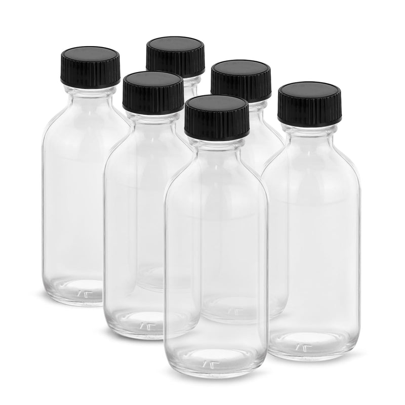 2OZ Small Glass Bottles with Lids and Funnels, 60ml Boston Round Glass Bottles, Perfect for Diy Essential Oils, Perfumes, Whiskey and Juices, 6 Pack Clear