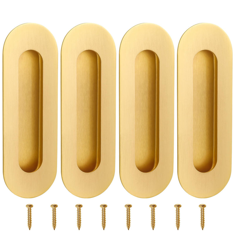 Malimali 6 Inch Gold Recessed Finger Flush Pulls for Pocket Door Closet Door, Sliding Barn Door Handle Hardware Brushed Gold Stainless Steel Oval Door Pulls (4 Pack) Oval (4 Pack)