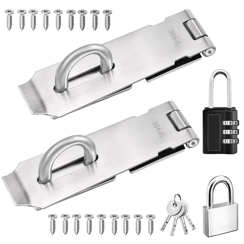 5 Inch Door Locks Hasp Latch 2 Pack,304 Stainless Steel Safety Padlock Clasp Hasp Lock Latch with Combo Lock & Padlock,Heavy Duty Gate Latch Lock with Screws 5inch