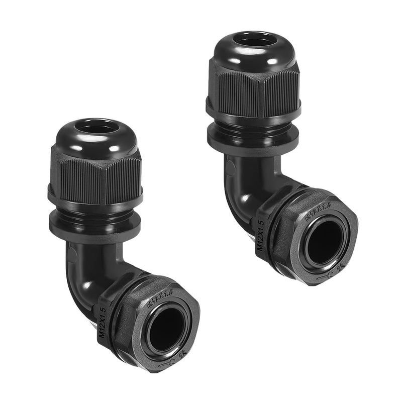 LeMotech M12 Cable Gland, 90 Degree Adjustable 4-8mm Strain Relief, Cord Connectors Nylon Joints with Gaskets, 2 Pcs, Black M12-2pc