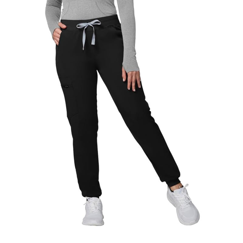 Medical Scrub Pants for Women - Mid Rise 4-Way Stretch Anti-Wrinkle Slim Fit Jogger Pants, Drawstring & 5 Pockets Regular Medium Black