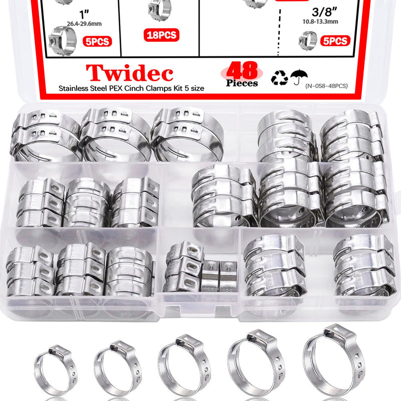 Twidec/48PCS 3/8",1/2",3/4",5/8",1" PEX Cinch Clamps Kit 5 size,Stainless Steel Pex Crimp Rings,Single Ear Hose Clamps For Pex Pipe Fitting Connections N-058-48PCS 48PCS Kit
