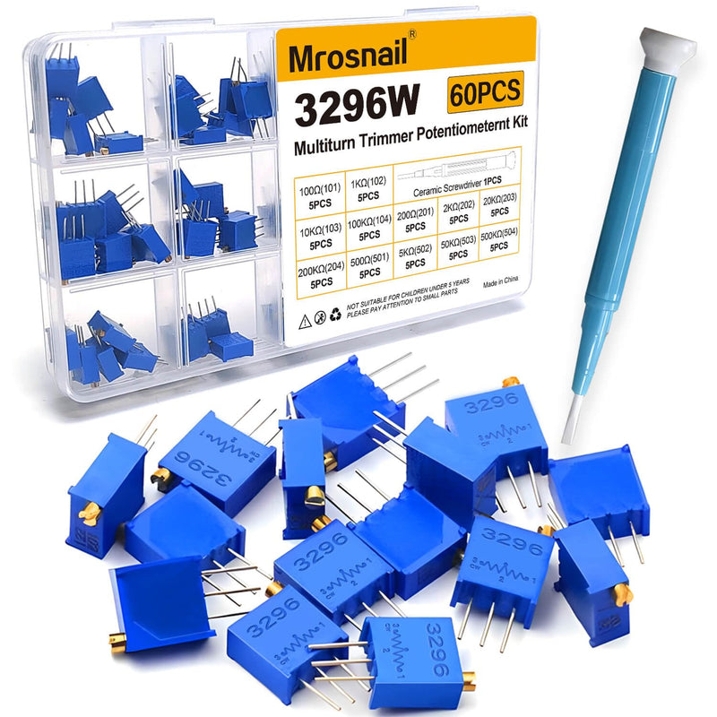 60PCS 3296W Multiturn Trimmer Potentiometers Kit 100 Ohm 200 Ohm 500 Ohm 1K 2K 5K 10K 20K 50K 100K 200K 500K with Anti Static Ceramic Screwdriver