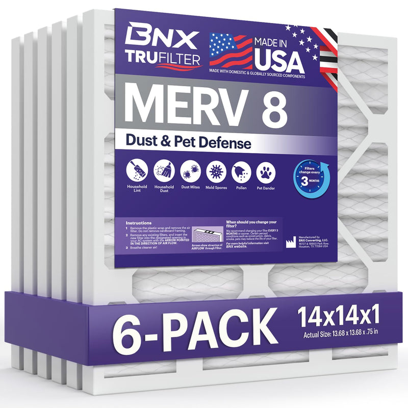 BNX TruFilter 14x14x1 Air Filter MERV 8 (6-Pack) - MADE IN USA – Dust & Pet Defense Pleated Air Conditioner HVAC AC Furnace Filters for Dust, Pet, Mold, Pollen MPR 600 – 700 & FPR 5 14x14x1 6-Pack