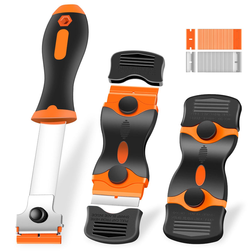 3 Pack Razor Blade Scraper, Premium Cleaning Scraper Tool with 60 PCS Metal & Plastic Razor Blades, Multi-Purpose Glass Scraper for Windows, Sticker, Decals, Cooktop, Paint Removal (Orange) Orange