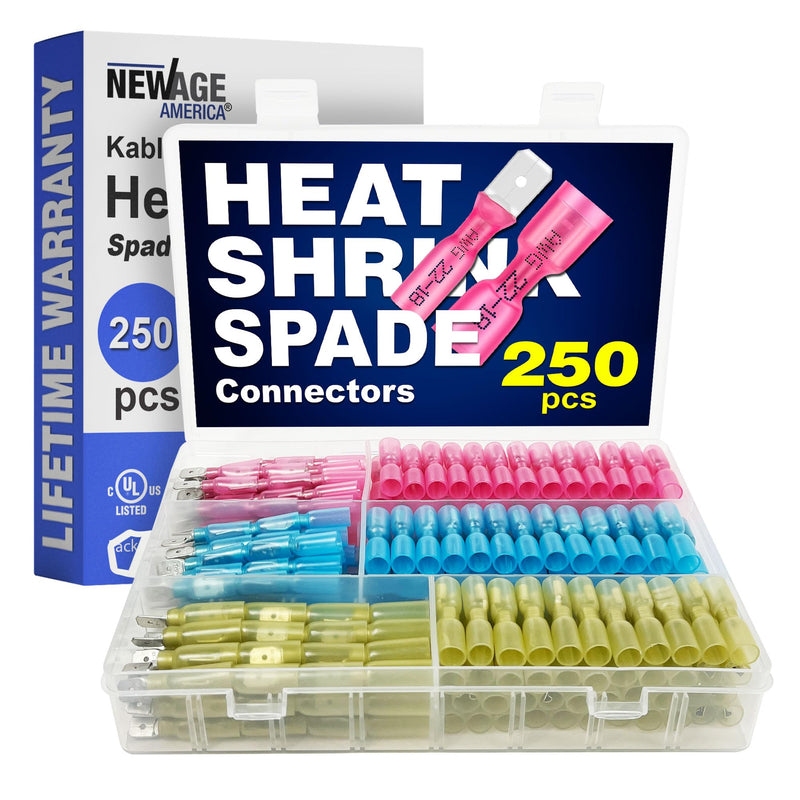 New Age America® 250pcs Heat Shrink Spade Connectors Kit KableSeal™ | AWG 22-10 | Electrical Wire Connectors | Quick Disconnect Connectors | Male Female Wire Connectors | Copper Crimp Connectors | UL 250 PCS | AWG 22-10 | Male & Female
