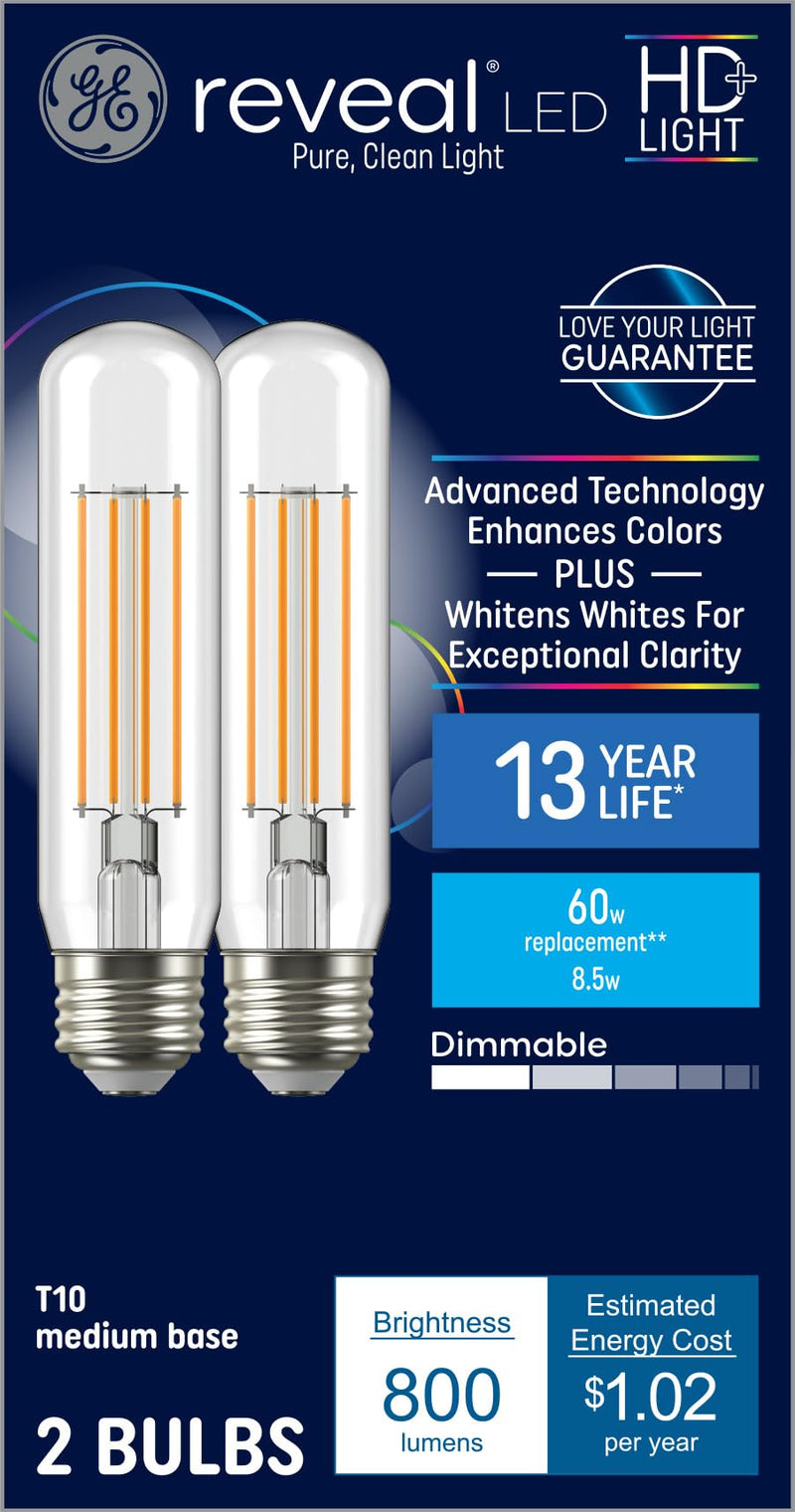 GE Reveal HD+ LED Light Bulbs, 60 Watt, T10 Decorative Tube Lights (8 Pack)