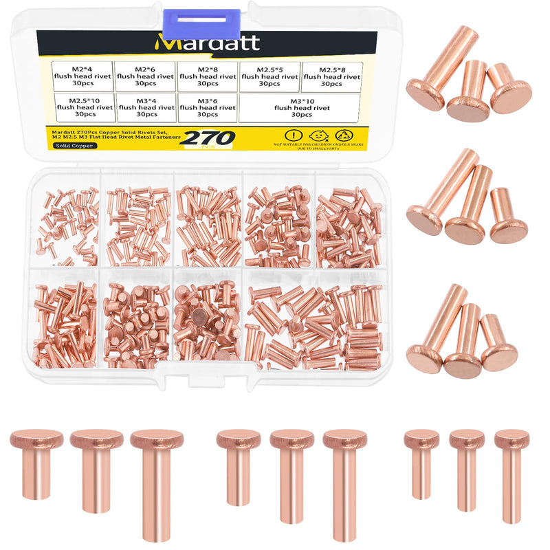 270Pcs Flat Head Copper Solid Rivets Kit, M2 M2.5 M3 Solid Copper Rivets Fasteners, Flat Head Rivets Solid Copper Rivets for Electrical Applications, Leather Working Supplies