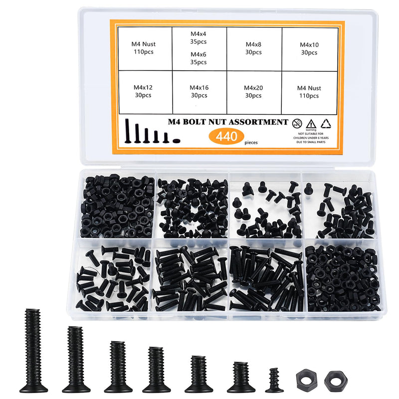 440 Pcs M4 Countersunk Head Phillips Screws and Hex Nuts Assortment Kit, Black Flat Head Screws Machine Screws Bolts and Nuts Set, M4 x 4mm/6mm/8mm/10mm/12mm/16mm/20mm M4-440
