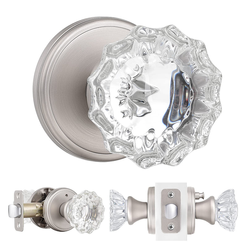 Privacy Glass Door Knobs Interior,Clear Crystal Door Knobs with Lock for Bedroom/Bathroom（Satin Nickel, 1 Pack Privacy 1Pack Satin Nickel