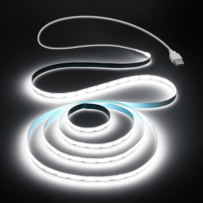 Aclorol USB Led Light Strip COB Led Strip Lights 5V Daylight Cold White 6000K 3.28FT 320Leds Flexible TV Led Lights USB Powered 1M for Under Cabinet Kitchen Living Room Shelving or Displays 1M/3.28FT