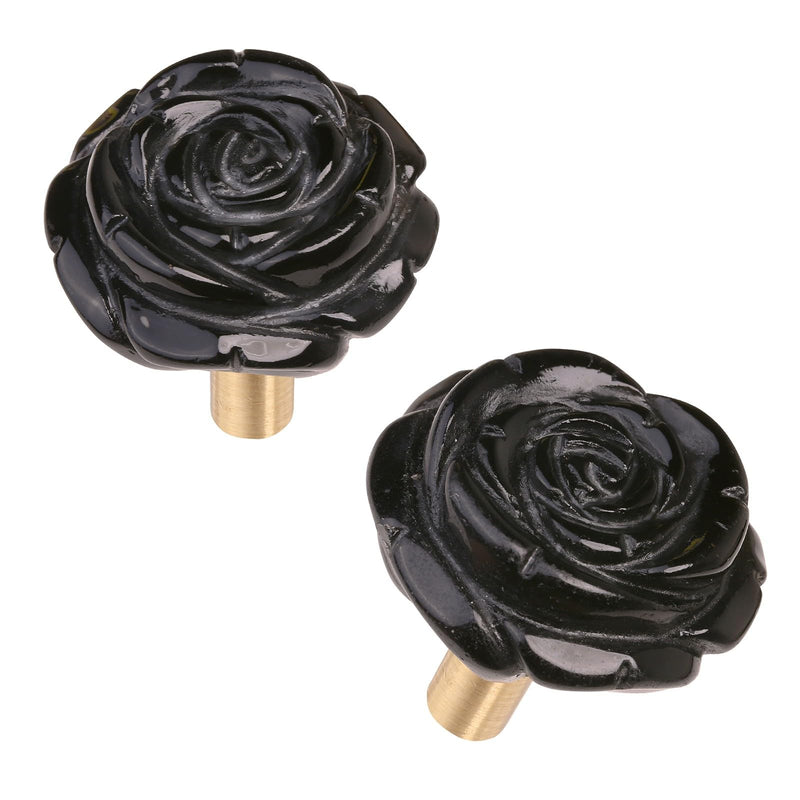 TUMBEELLUWA Set of 2 Carved Rose Flower Crystal Stone Cabinet Knobs with Screws, Natural Black Obsidian Floral Hardware Handles Pulls for Dresser Cupboard Kitchen Decor Black Obsidian-2PCS