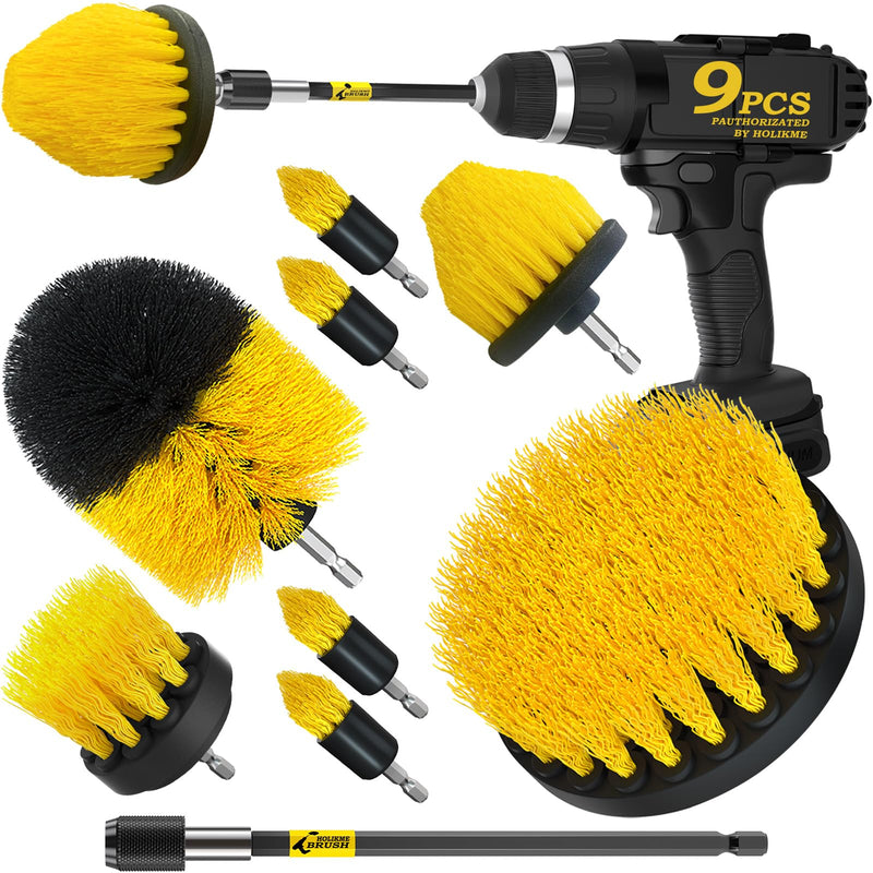Holikme 9Pack Drill Brush ，All Purpose Drill Brush with Extend Attachment for Bathroom Surfaces, Grout, Floor, Tub, Shower, Tile, Kitchen and Car，Corner,Masonry Brushes，Yellow Yellow