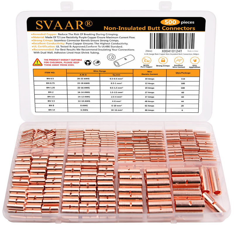 500PCS 26-6 AWG Non-Insulated Butt Connectors Uninsulated Butt Splice Wire Connectors, Butt Connectors for Wiring Copper Butt Splice Terminals,Crimp Butt Electrical Connectors Splice Kits Seamless Bare Pure Copper 6-26 AWG Assortment Kit-500pcs