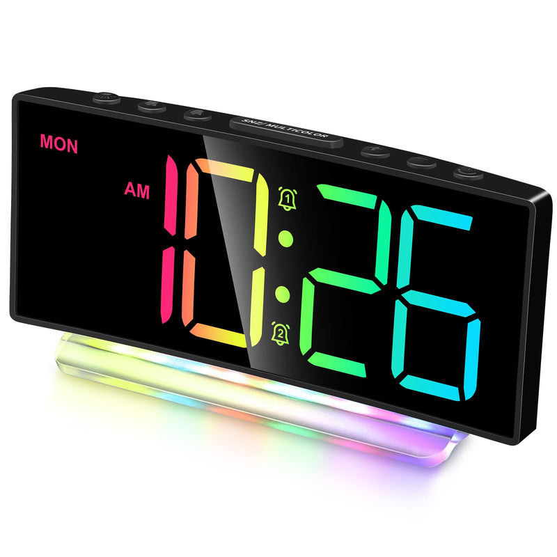 Cadmos Extra Loud Alarm Clock for Heavy Sleepers Adults,Teens,Kids,Rainbow Clock for Bedrooms,Small Bedside Digital Clock with Large Display,7 Color Night Light,12/24h(Black+Dynamic) Black+dynamic
