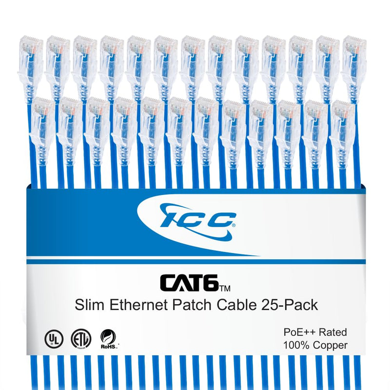 ICC CAT6 Slim Ethernet Patch Cord with Clear Boot Strain Relief, RJ45, Stranded, 550 MHz, UTP, Pure Bare Copper Wire, 28 AWG, LAN Network Patch Cable, Blue, 1 FT, 25-Pack 25 Pack