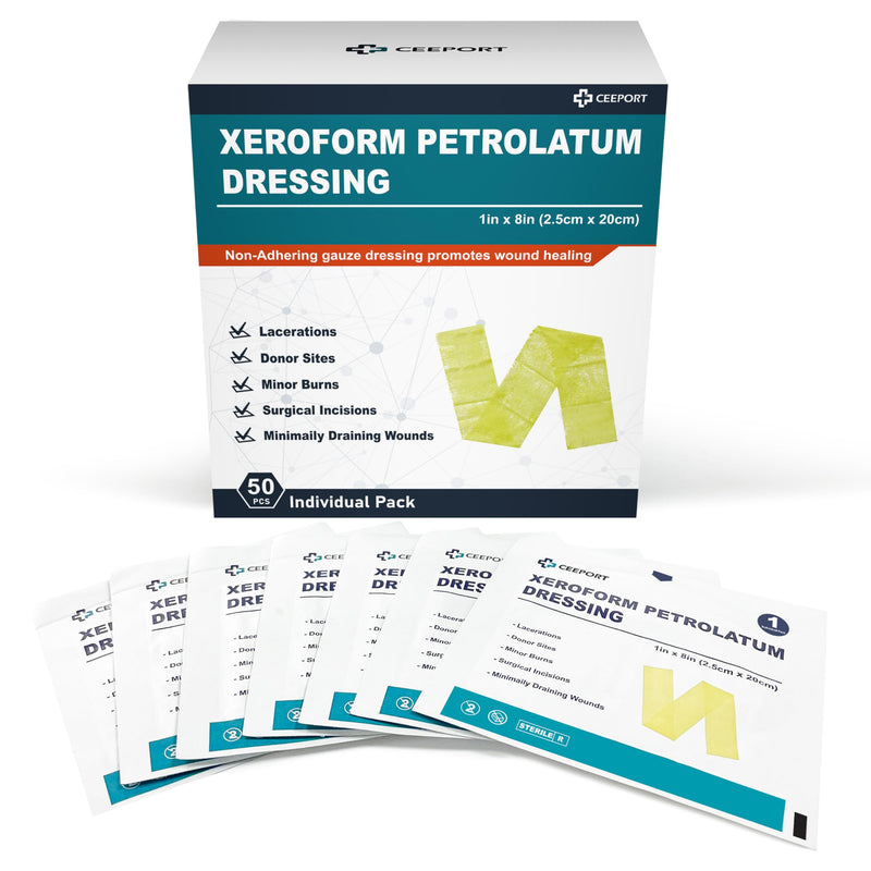 Medical Xeroform Petrolatum Dressing 1"x8", 50 Individual Pack, Non-Adherent Gauze Pad Strip, Fine Mesh Gauze Patch Supplies for Wound Care, Burns, Lacerations, & Skin Grafts