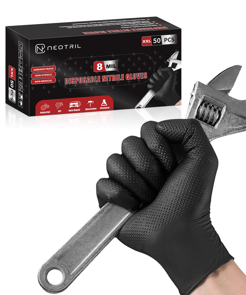 8 Mil Heavy Duty Disposable Nitrile Gloves with Diamond Texture Grip Rubber Gloves Latex & Powder Free Large Box of 50 / Black