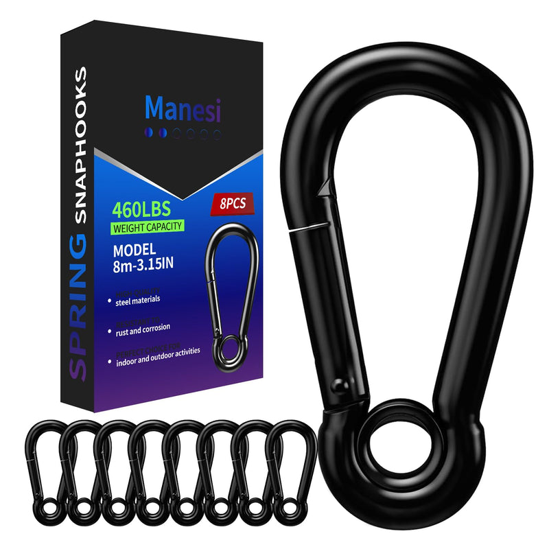 Spring Snap Hooks, Black Carabiner Clip, Heavy Duty Rope Connector, Quick Link Carabiners Spring Snap Hooks for Indoor & Outdoor, Camping, Climbing, Fishing, Hiking 3.15 Inch, 8 Pack