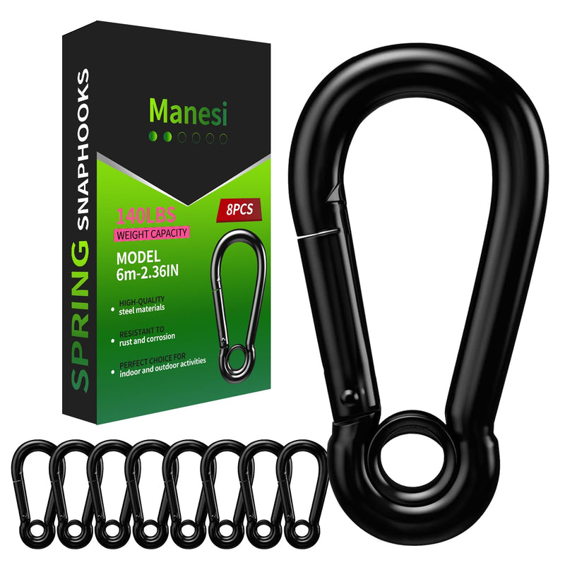 Spring Snap Hooks, Black Carabiner Clip, Heavy Duty Rope Connector, Quick Link Carabiners Spring Snap Hooks for Indoor & Outdoor, Camping, Climbing, Fishing, Hiking 2.36 Inch, 8 Pack