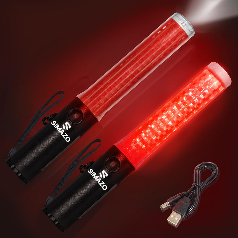 2 Pack 10 Inch Rechargeable Traffic Signal Wand, Traffic Control Baton with White LED on Top, Air Marshalling Wand with 3 Flashing Modes for Airport, Car Directing Red 2 Pack