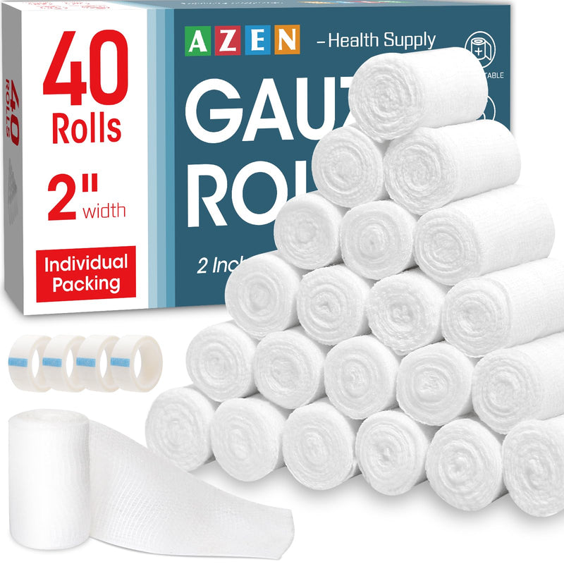 AZEN 40 Pack Gauze Rolls Bandages, 2 in x 4.1 Yards, Premium Medical Supplies & First Aid Supplies, Bandage Wrap Vet Wrap, Mummy Wraps B-40p