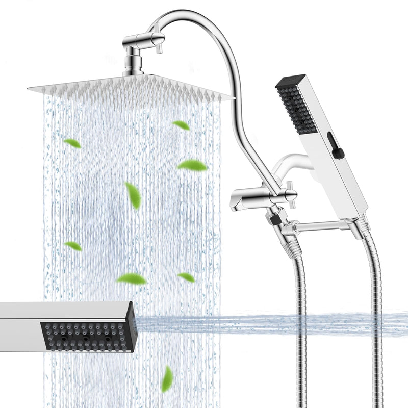 Hibbent All Metal cUPC Certified Shower Head, 8'' High Pressure Rainfall Shower Head, Showerhead Combo, Handheld Shower Wand, 12'' Adjustable Extension Arm, 4-Spray, 71'' Hose, Shower Holder, Chrome Square 8''