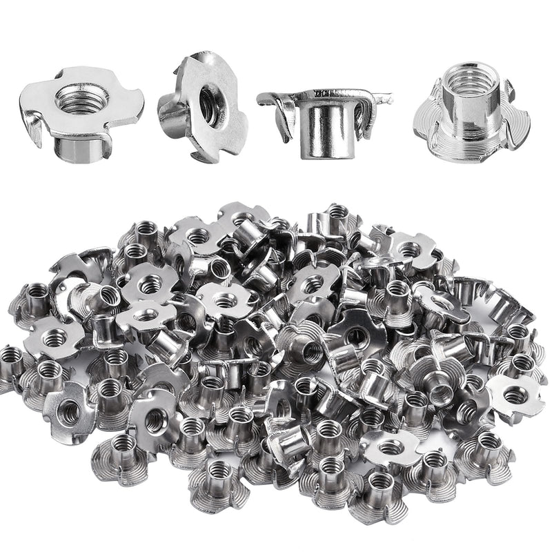 100 Pack 1/4"-20 T-nut, 304 Stainless Steel Threaded Insert, 4-Pronged Tee Nut for Wood,Rock Climbing Holds,Cabinetry,Furniture