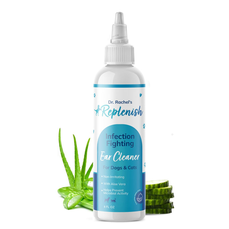 Replenish Ear Cleaner for Dogs and Cats - Dr. Rachel's Alcohol Based Gentle Ear Cleansing Solution with Aloe Vera-Infused Cucumber Melon Scent - 8 oz - PawsPlanet Australia