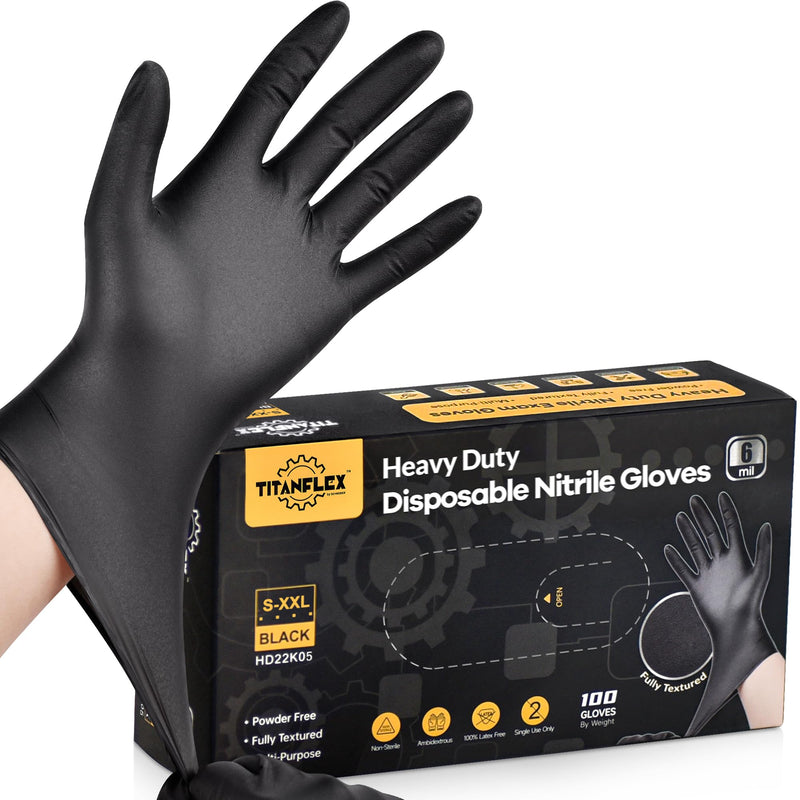 TitanFlex Heavy-Duty Black Disposable Nitrile Gloves, Box of 100, 6-mil, Fully Textured, Powder-Free, Latex-Free, Non-Sterile Large 100 Count (Box of 100)