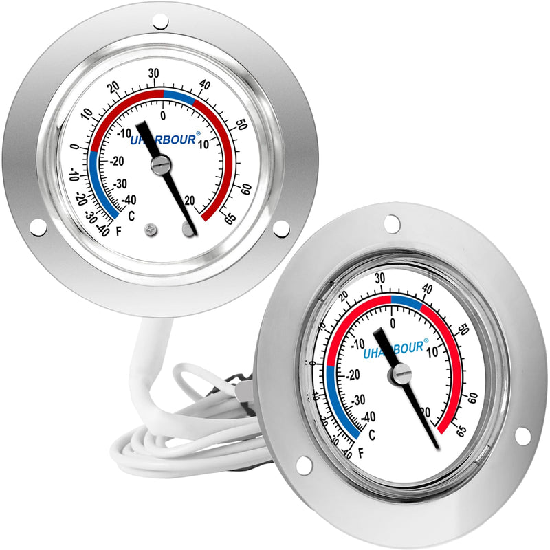 Uharbour Cooler Thermometer Commercial, Walk in Cooler Thermometer, Analog Panel Mount Range -40 to 65 ℉, 2" Dial Stainless Steel Flange(Pack of 2) -40 to 65 ℉ (Refrigerator Thermometer, 2 Pack)