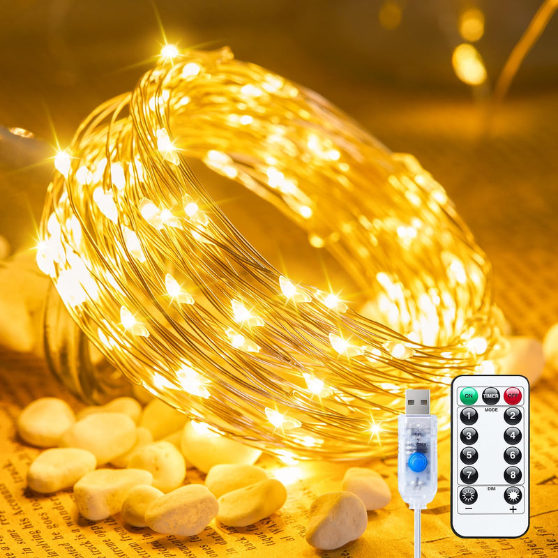 Minetom USB Fairy Lights Plug in, 33 ft 100 LED Twinkle String Lights with Remote and Timer, Waterproof 8 Modes Starry Lights for Indoor Wreath DIY Party Wedding Christmas Decoration, Warm White 1 Pack