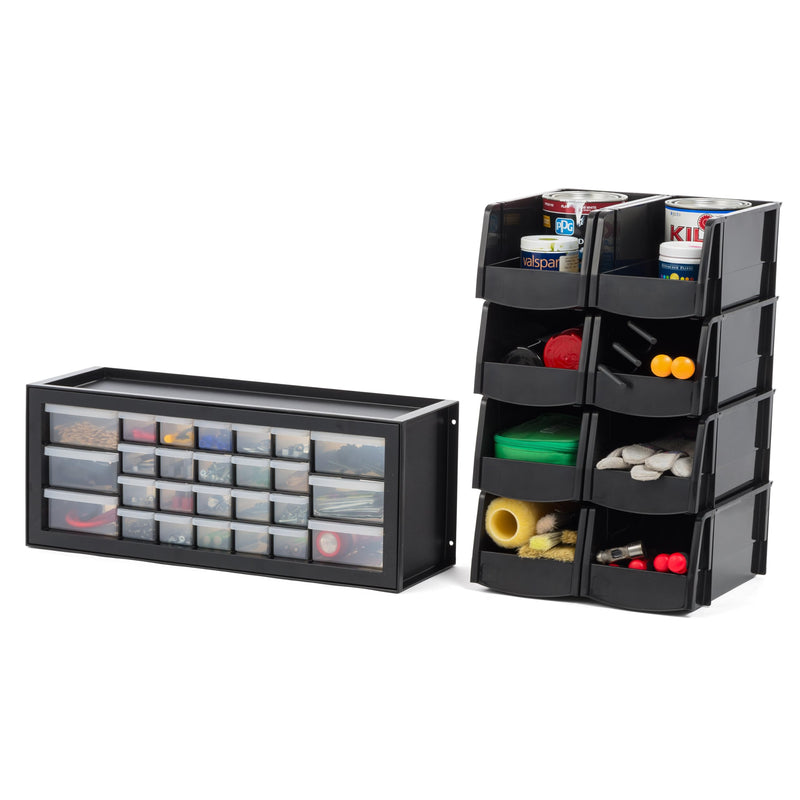 IRIS USA 26 Drawer Parts and Hardware Cabinet + 11" x 6" x 5" Medium Plastic Open Front Stackable Storage Bin, 8-Pack, Stackable Craft Supplies Cabinet Classroom Office, Black - NewNest Australia