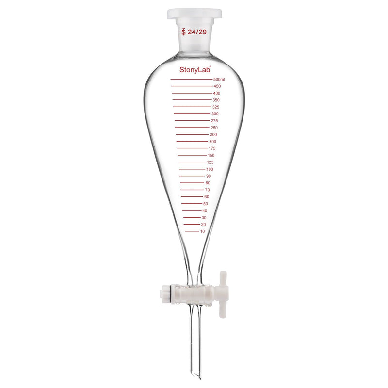 stonylab Graduated Separatory Funnel, Heavy Wall Pear-Shaped Conical Borosilicate Glass Separating Funnel with PTFE Stopcock and Plastic Top Stopper, 500 ml 500.0 milliliters 1 KD-Sep-Funnel-SL-PTFE-500ml