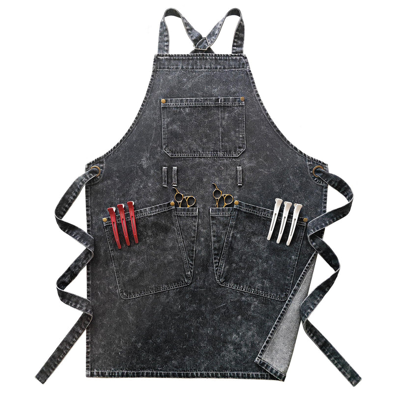 Denim Apron With Pockets,Distressed Jean Apron,Hairstylist Aprons,Denim Work Apron - Washing Style | Adjustable XXL Dark Grey