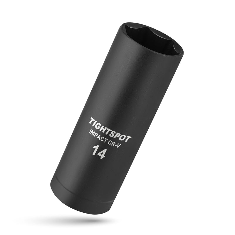TIGHTSPOT 1/2 Inch Drive - 14 mm Deep Impact Socket with Anti-Rounding 6 Point Design, Heat-Treated CRV Steel, Metric 1/2” Drive Deep Socket 1/2” Drive 14mm Deep Impact Socket - 6pt