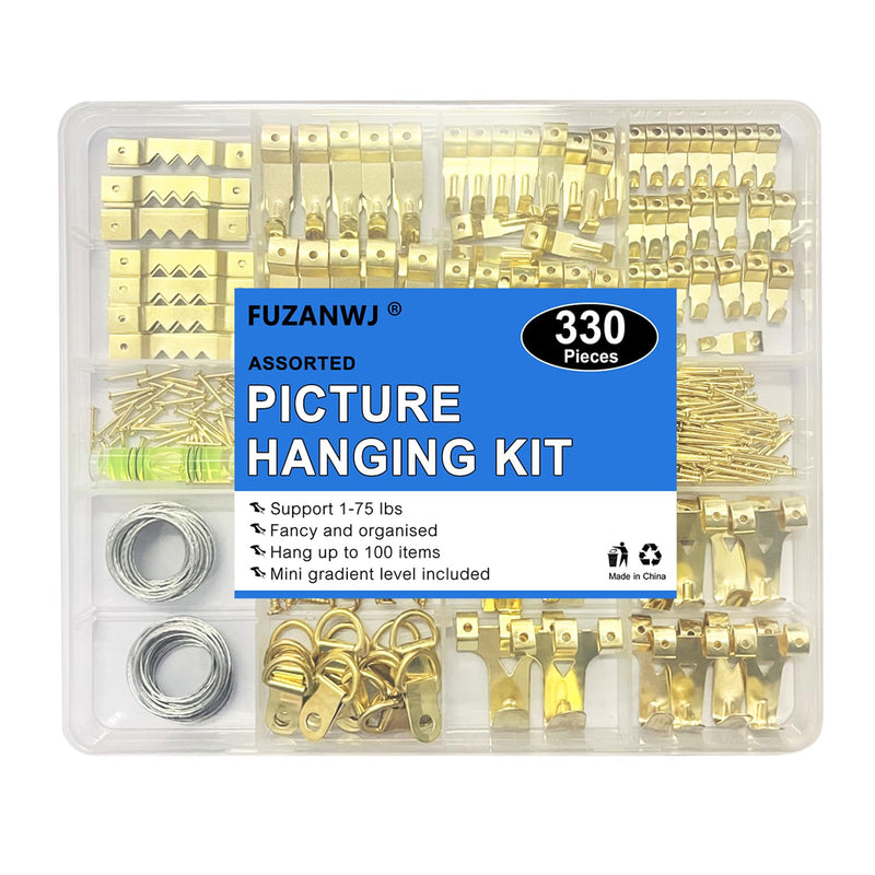 330pcs Picture Hangers Kit - Holds 10-75lbs, With Hanging Wire, Ring Hooks, D Rings, Sawtooth Hangers for Frame, Canvas, Mirror Decoration Gold