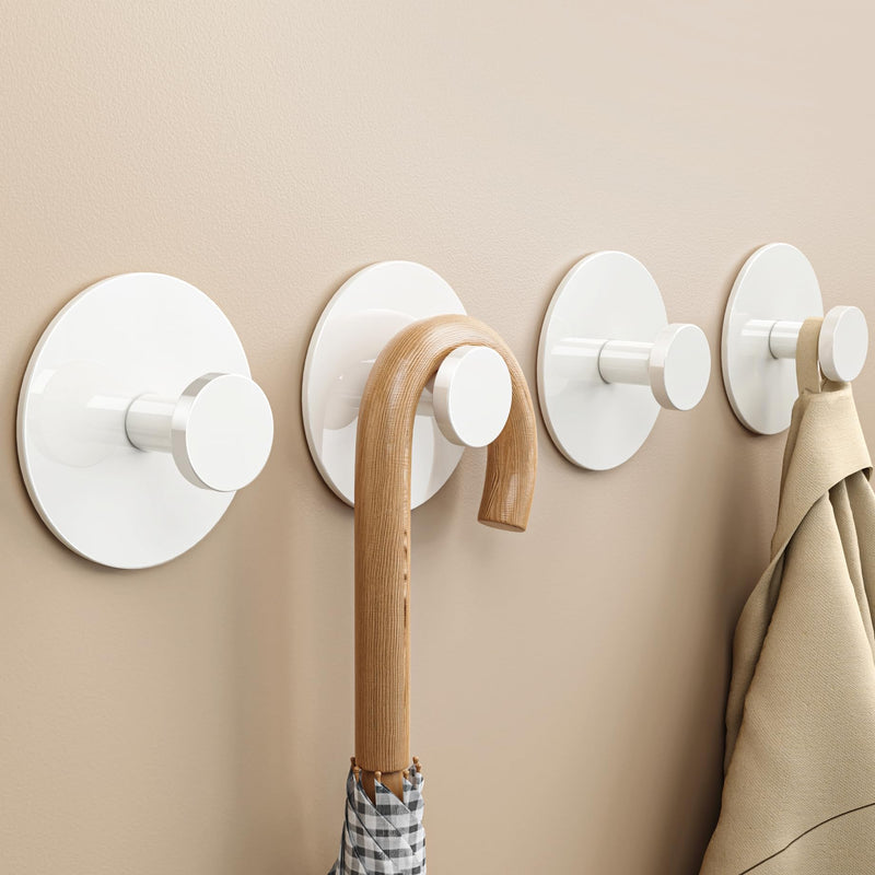 Adhesive Wall Hook for Coat and Towel: Extra Sticky 12 LB (Max), Stainless Coat Rack Door Holder Hanger, White Heavy Duty 4 Pack