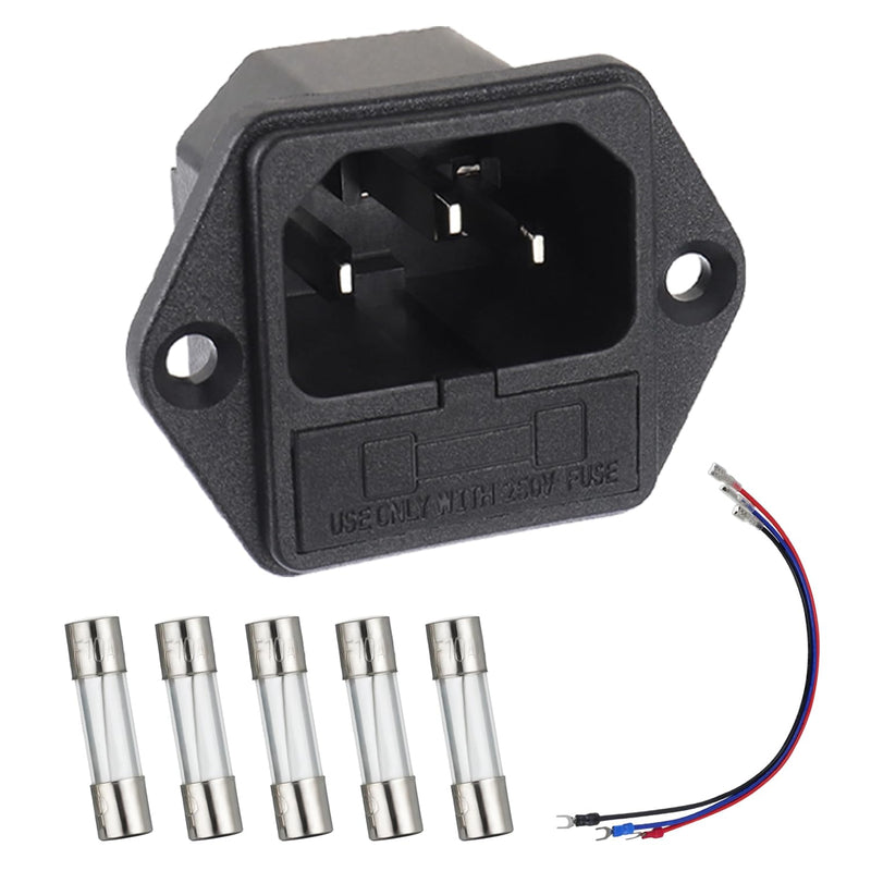 AC 250V 10A 2 in 1 Mount Inlet Module Plug Socket Power Entry Connector Male Blades with 10A Fuse and 18 AWG Extension Cable 6pcs Socket+10pcs fuse+3pcs Cable
