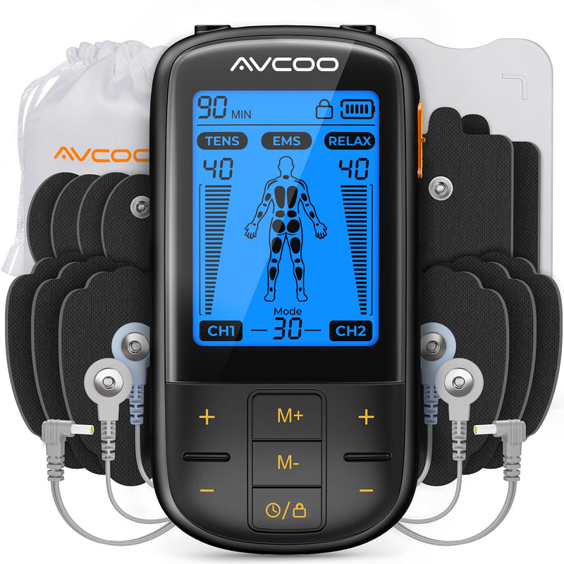 3-in-1 TENS Unit Muscle Stimulator with 30 Modes, 40 Intensities TENS Machine for Gradual Back Pain Relief Therapy, Rechargeable EMS Unit Massager with 12 TENS Electrode Pads, a Storage Bag Black
