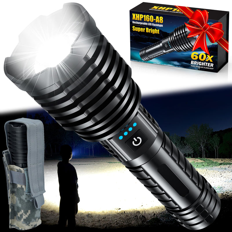 Rechargeable Flashlights 5000.000 High Lumens,Super Bright LED Flashlight for Home Emergency, Waterproof Handheld Flashlights with Pouch, 5000mAh Battery, Spotlight and Floodlight Function