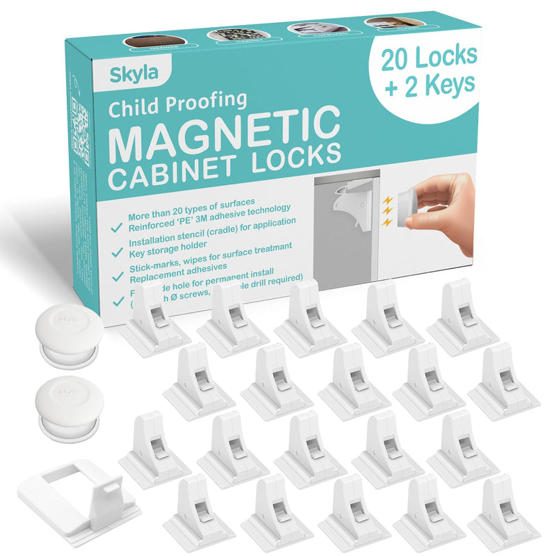 SKYLA HOMES Magnetic Cabinet Locks Baby Proofing Child Safety - The Safest Quickest and Easiest Multi-Purpose 3M Adhesive Child Proof Latches, No Screws or Tools Needed (20 Pack) 20 Pack