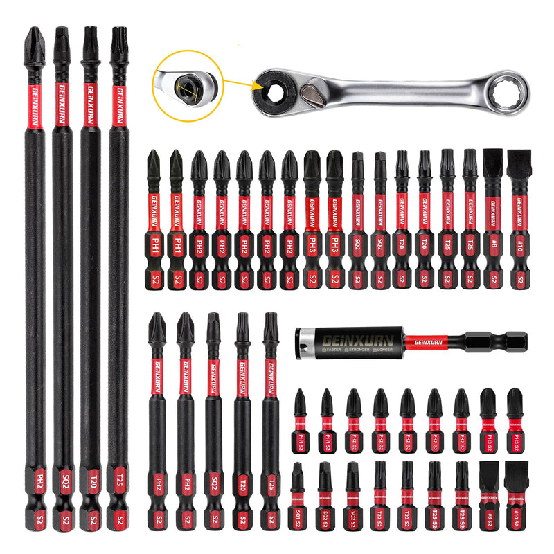 Impact Tough Magnetic Mixed 46Pack Insert Driver Bits, S2 Alloy Steel Screwdriver Power Bits Set with 1Pcs Impact Magnetic Bit Holder and Mini Wrench MIXED-46PC