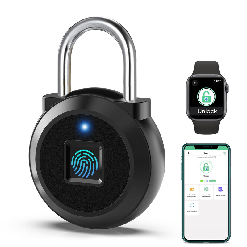 Fingerprint Lock, Dhiedas Gym Locker Lock with Fingerprint Bluetooth APP, Biometric Fingerprint Padlock with Keyless, Waterproof Smart Padlock for Locker School Suitcase Cabinet Storage Black 1'' shackle