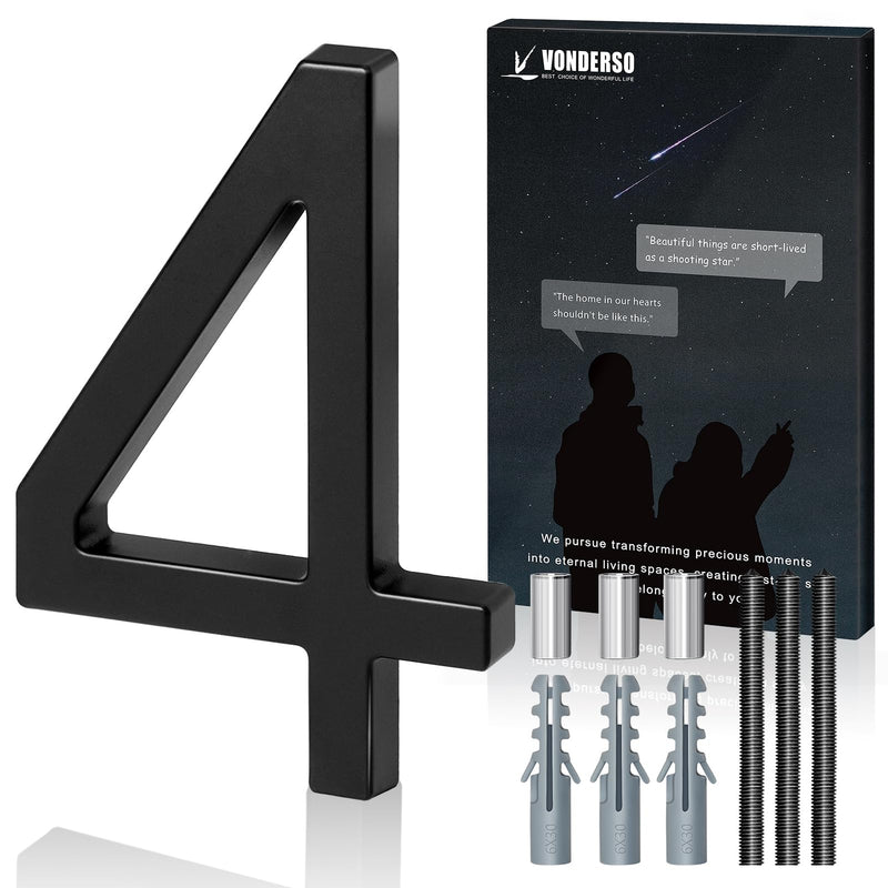VONDERSO 6 Inch Floating House Numbers and Letters for Outside,Black Metal Modern Outdoor Address Sign for Yard Street and Mailbox, Zinc Alloy Solid Address Numbers and Letters,number 4 black 4 6 inch black