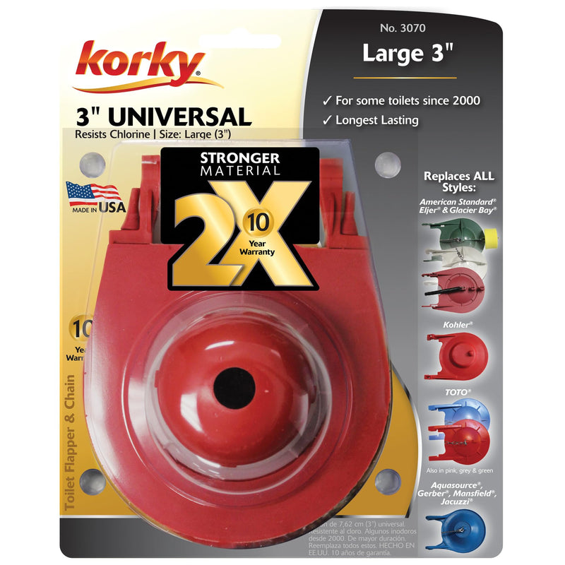 Korky Large 3-Inch 2X Premium Universal Toilet Flapper - Long Lasting Rubber - Easy to Install - Made in USA, 3070