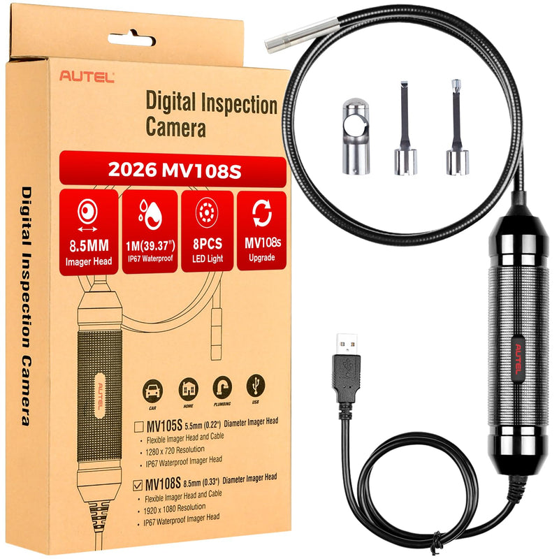 Autel MaxiVideo MV108S Digital Inspection Camera, 2MP 1920x1080, 8.5mm Ultra-Slim USB Industrial Endoscope, IP67 Borescope Snake Camera+ LED Light, Work w/Autel Scanner & P-C, up of MV108 MV105S MV105